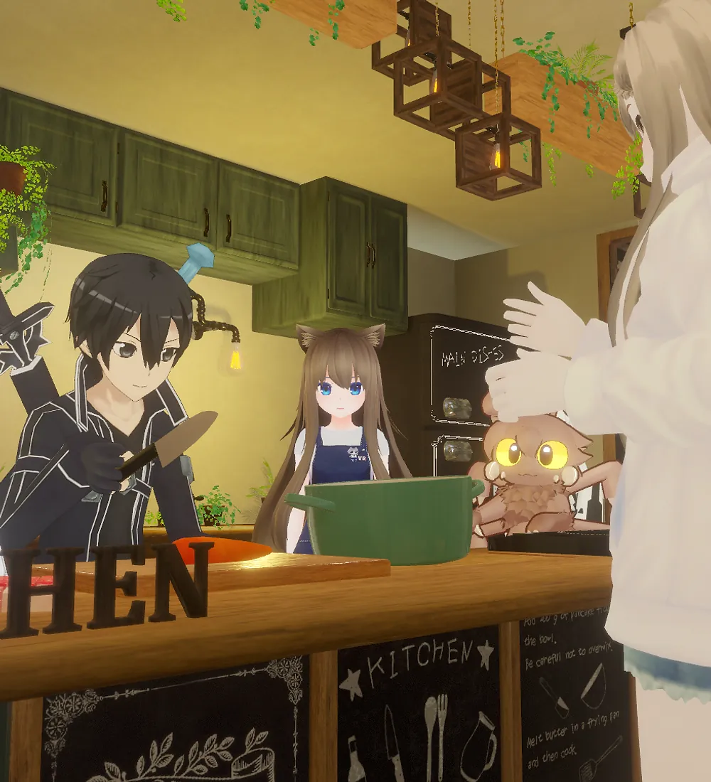 VRChatのキッチンカウンターを囲むMoe先生と参加者のアバター